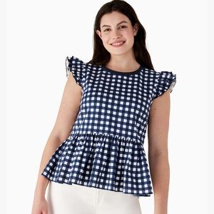 Kate Spade Blue and White Gingham Peplum Tee